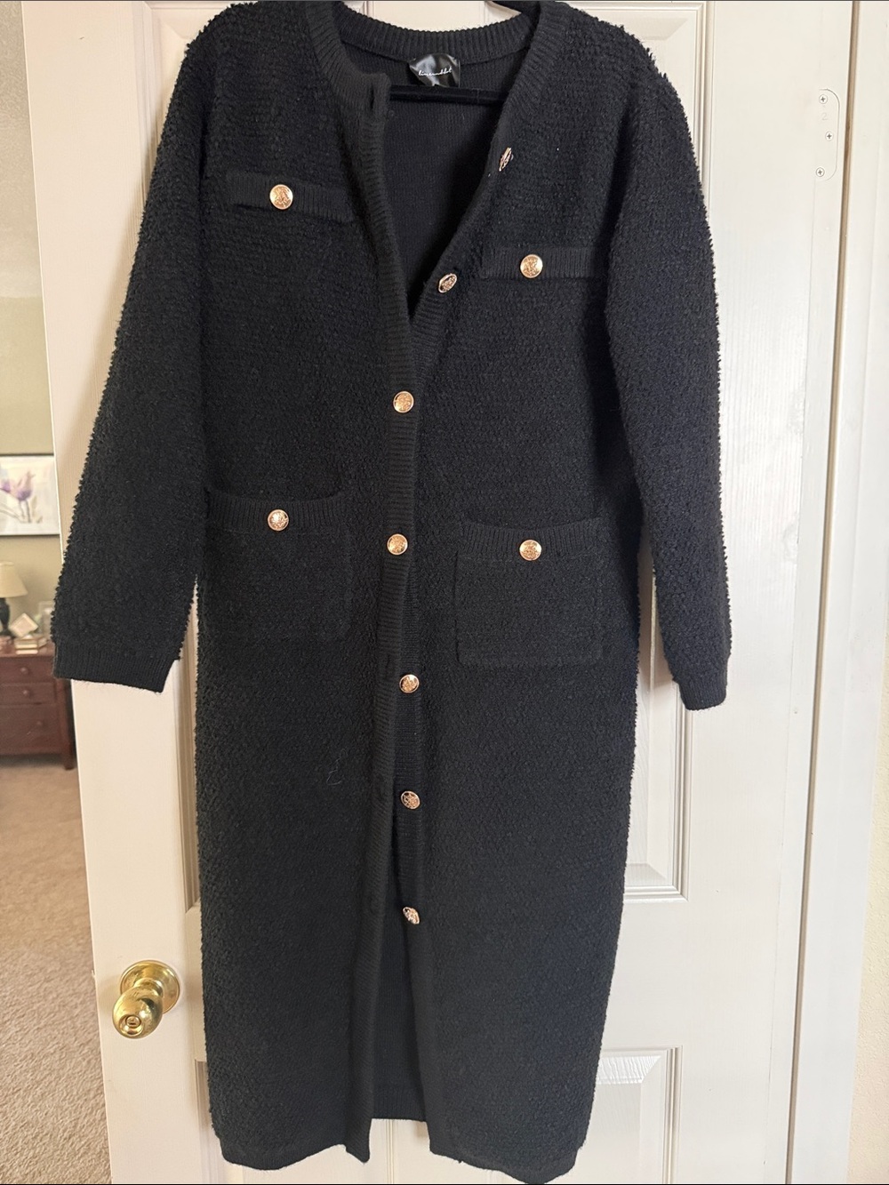 Line & Dot Black Long Bouclé Button-Front Coatigan